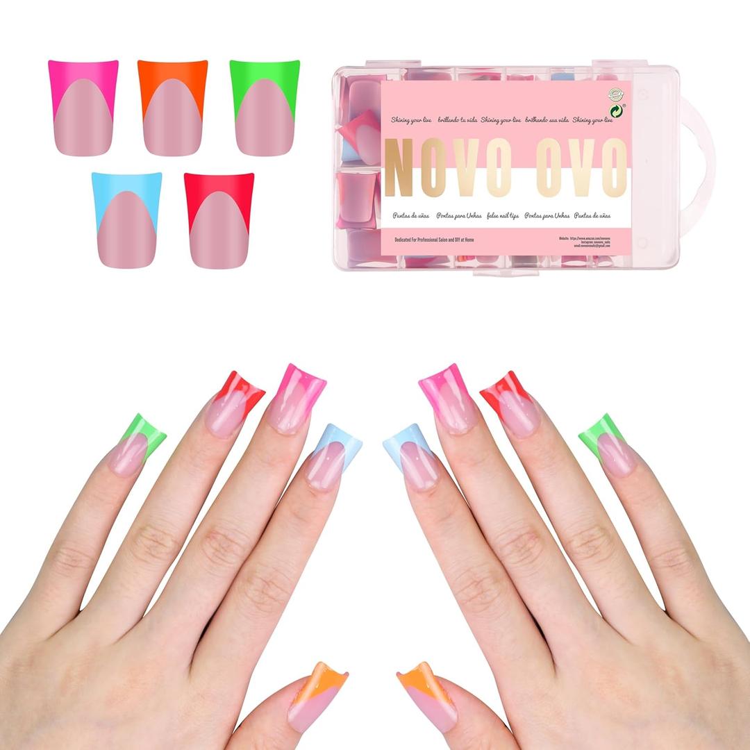 NOVO OVO French Tip Short Duck Nail Tips Press On 5 MIXED COLOR, Pre-designed Soft Gel Nail Extension, Pre-applied Tip Primer & Base Coat, Full Cover Acrylic False Nails for DIY x 12 Sizes 240 pcs