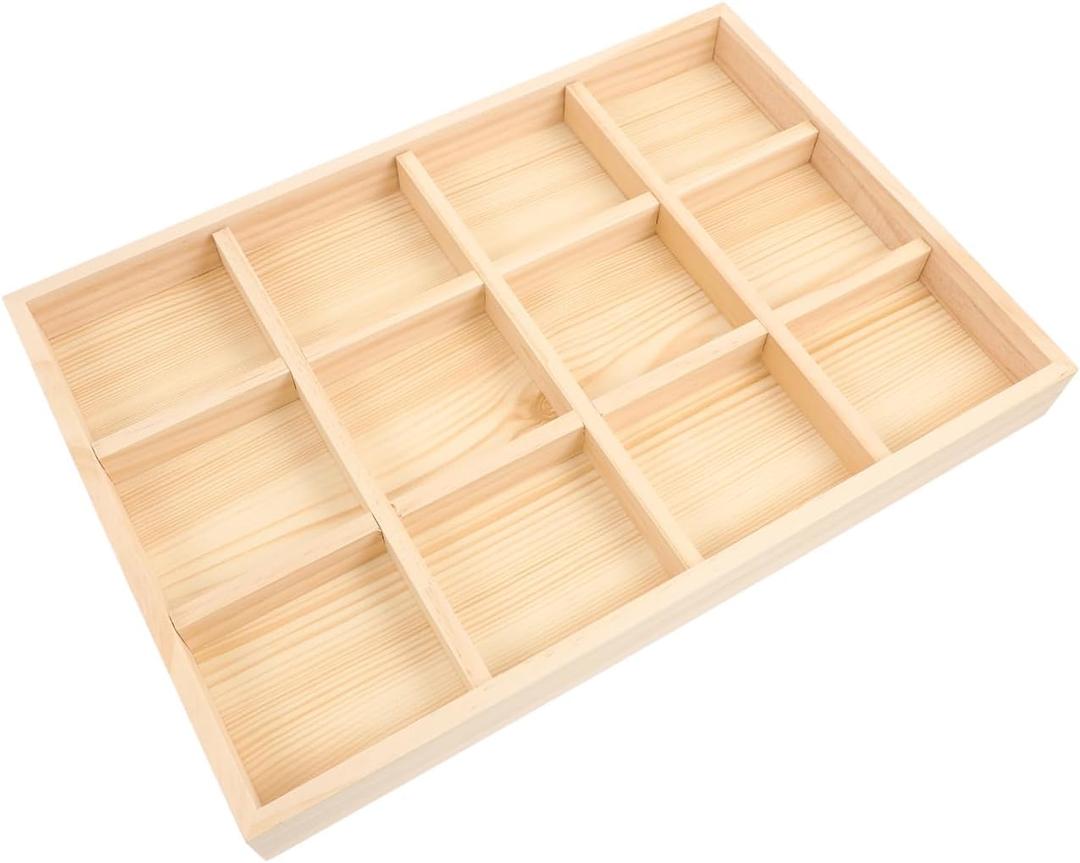 Yardwe Wooden Jewelry Tray, 12-Compartment Light Brown Wood Storage Organizer for Rings, Earrings, Beads, and Accessories, 13.77 X 9.44 X 1.37 Inches