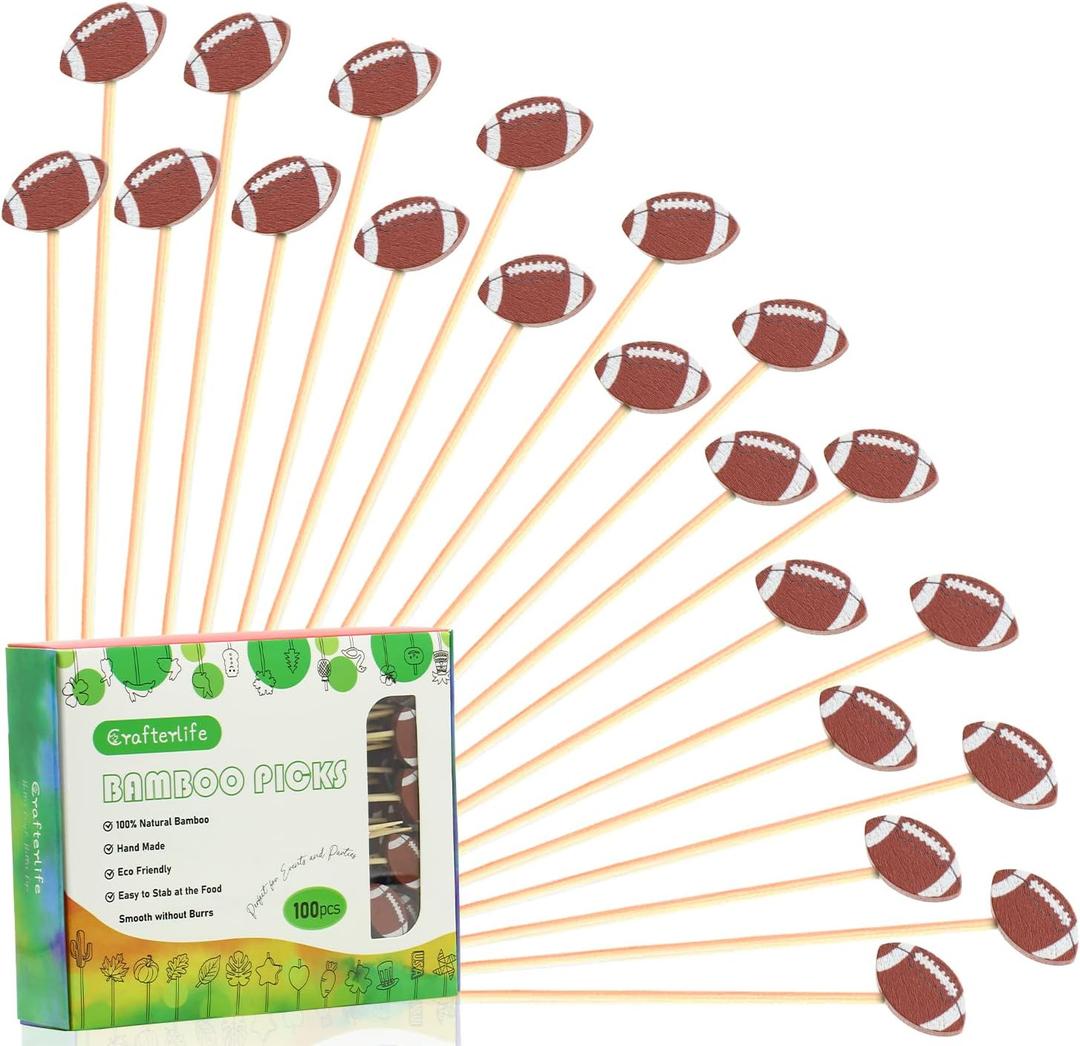 100pcs Football Cocktail Picks Decorative Toothpicks Fruit Sandwich Skewers Dessert Sticks for Rugby Ball Super Bowl League Sports Catered Events Decorations Party Supplies