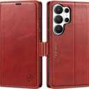 SHIELDON Case Wallet for Galaxy S26 Ultra 6.9", Genuine Leather Flip Magnetic Design with RFID Blocking Card Holder Kickstand Shock Absorbing Phone Cover Compatible with Galaxy S26 Ultra - Retro Red