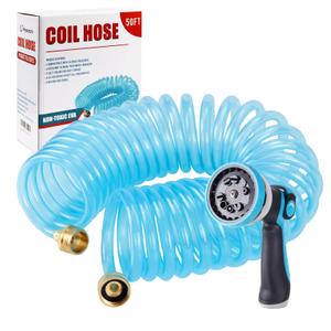 Yereen 50 Ft x 3/8'' Coil Garden Hose EVA Recoil Garden Self Coiling Expanding Water Hose with 6 Function Spray Nozzle Universal 3/4'' Brass Connector Fitting for Outdoor Yard