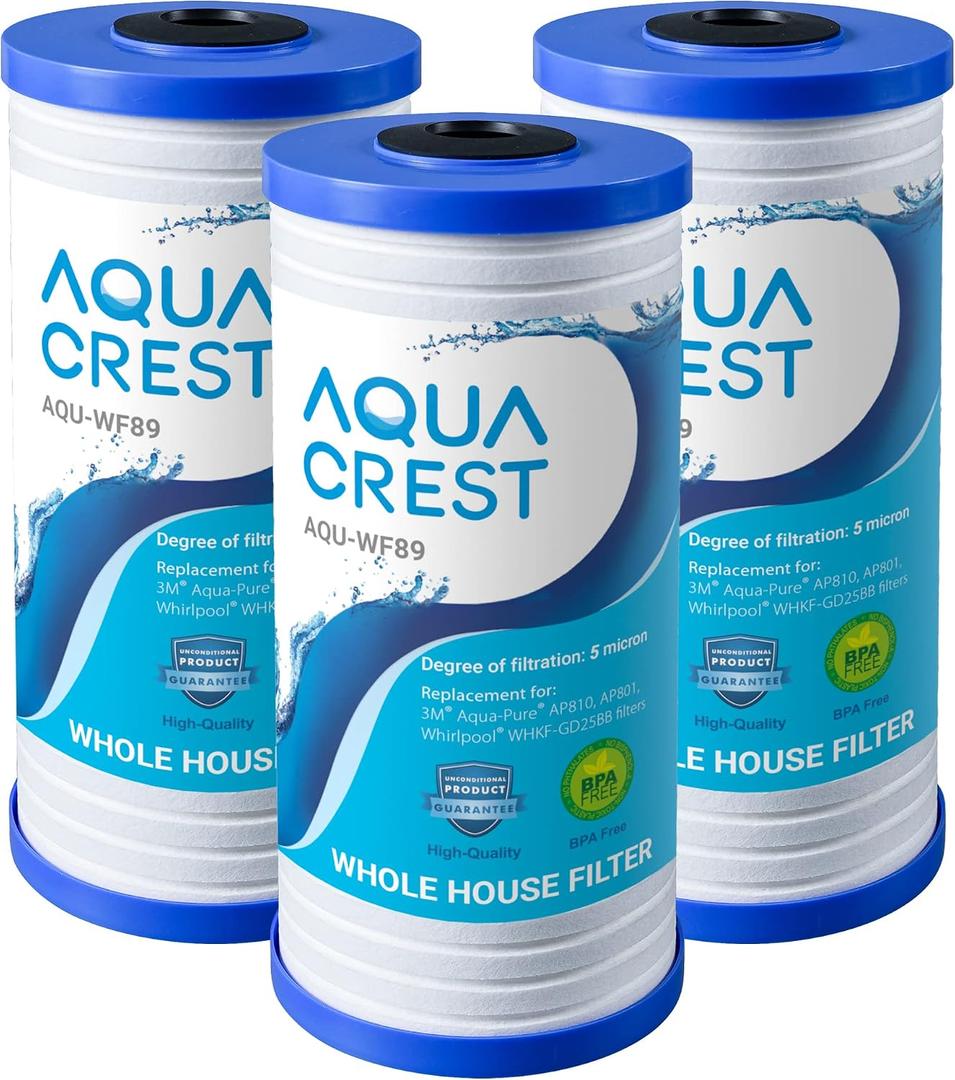 AQUA CREST AP810 Whole House Water Filter Replacement for 3M Aqua-Pure AP810, AP801, AP811, Whirlpool WHKF-GD25BB, WHKF-DWHBB, 5 Micron, 10" x 4.5", Well & Tap Water Filter, Pack of 3