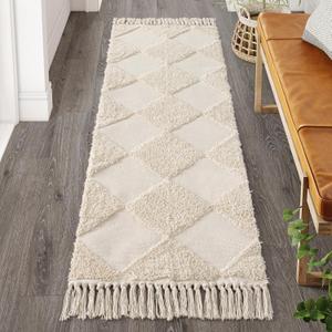 Lahome Checkered Runner Rug, 2x6 Boho Bathroom Rug Tufted for Hallway 6ft With Tassels, Cotton Washable Checkerboard for Entryway Indoor Laundry (2' x 6', Beige)