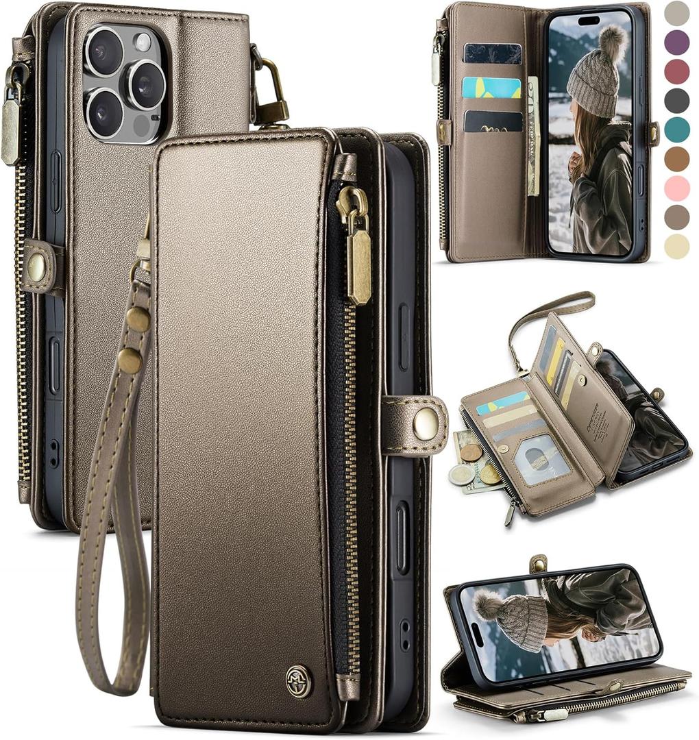Defencase Compatible with iPhone 16 Pro Case Wallet with RFID Blocking Card Holder for Women Men, PU Leather Magnetic Snap Flip Zipper Strap Wallet Phone Case for iPhone 16 Pro 6.3", Desert Titanium