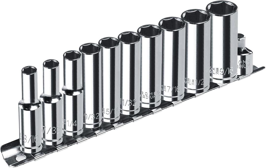 1/4 Drive SAE Socket Set, 11PCS Deep Hex Socket Set (3/16-9/16), Cover Most Commonly Sizes, Chrome Vanadium Steel with 3/8F to 1/4M Socket Adapter