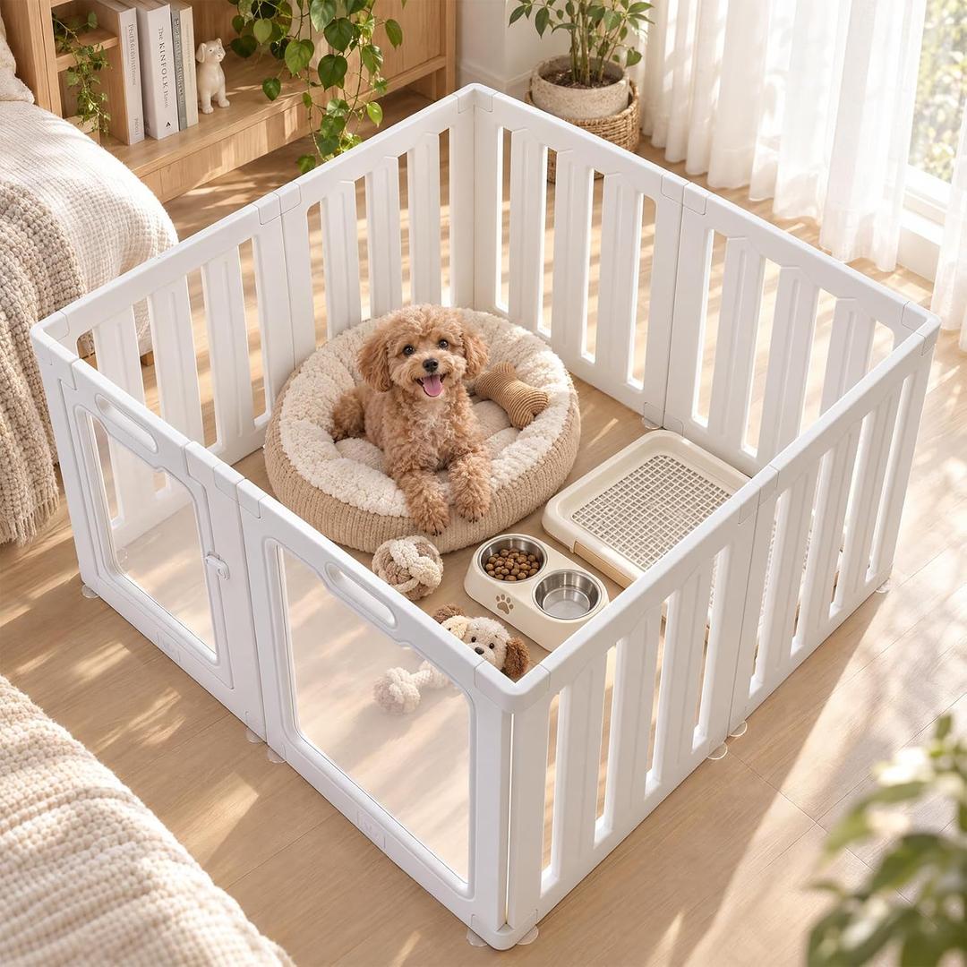 Clear Acrylic Dog Playpen Indoor for Small Dogs, 23.6" 8 Panels White Puppy Playpen, DIY Transparent Pet Playpen, Dog Play Pen Indoors with Suction Cups, Easy Clean & Tool-Free Setup