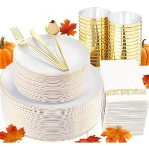 MirthMood 350Pcs White and Gold Dinnerware Set,Plastic plates Includes:50 Dinner Plates, 50 Dessert Plates, 150 Gold Plastic Cutlery,50 Paper Towels & 50 Cups for Party&Wedding