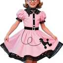 Nuehoryu 50s Costumes for Girls 50s Poodle Dress with Polka-Dot Printed Scarf for Kids Halloween Costume, Small