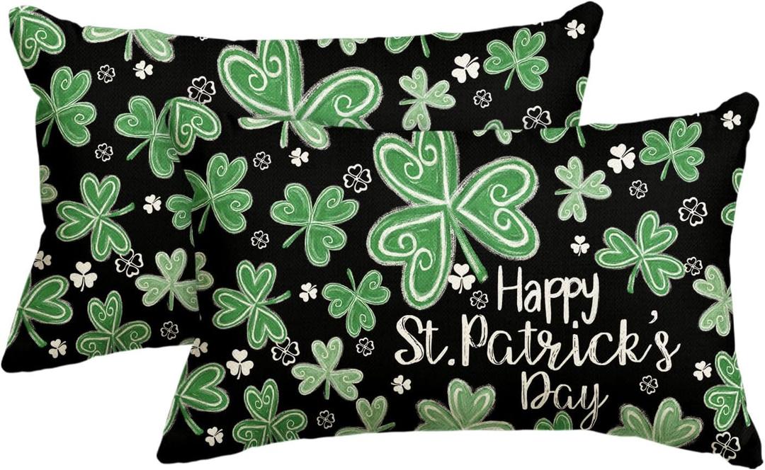 AVOIN colorlife Happy St Patricks Day Shamrock Throw Pillow Cover, 12 x 20 Inch Chalk Style Clover Cushion Case Decoration for Sofa Couch Set of 2