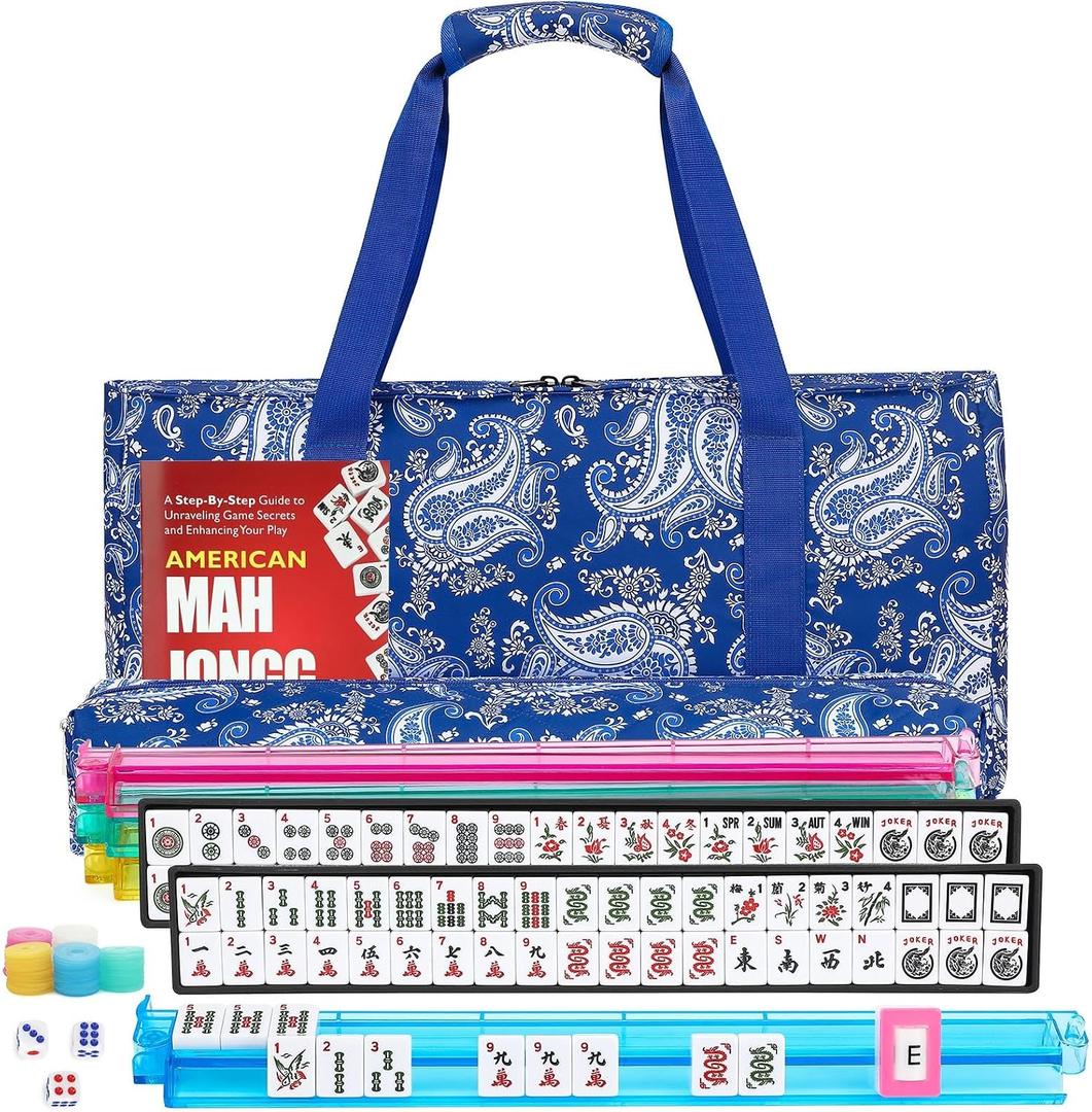 American Mahjong Set, 166 White Tiles with 4 Colors Acrylic Racks, Pushers, Flower Carrying Bag, Portable Travel Set, 18.5 X 3.15 X 0.95 Inches