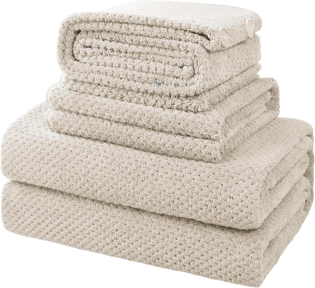 35X70 Inches Extra Large Bath Towels Sets of 4 for Bathroom Super Soft Quick Dry Bath Towels Hand Towels Washcloth Towels Microfiber Shower Towels for Women Daily Use (Khaki, 4 Piece)