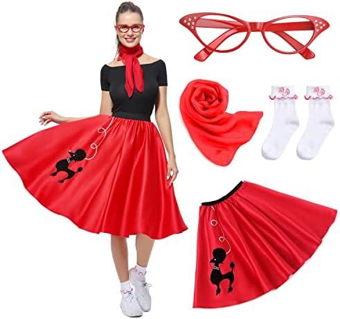 Rabtero Women Sock Hop Costume, Adult 1950s Poodle Dress Costume, 50's Poodle Skirt with Glasses, Scarf and Socks, S/M