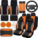 Fabbay 21 Pcs Car Seat Covers Full Set Car Floor Mats Steering Wheel Cover Armrest Seat Belt Pad Seatbelt Cup Mats Emblem Ring Sticker for Sedans Trucks SUV(Black, Orange)