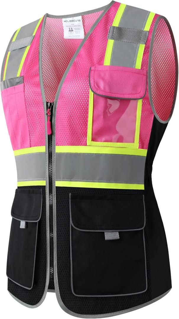 HoliSecure Safety Vest for women, Hi vis Reflective Lady Work vest With 9 Multi Pocket And Zipper(Pink+Black Medium) 