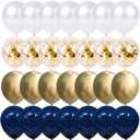 Navy Blue and Gold Confetti Balloons, 50 pcs 12 inch Pearl White and Gold Metallic Chrome Birthday Balloons for Celebration Graduation Party Balloons