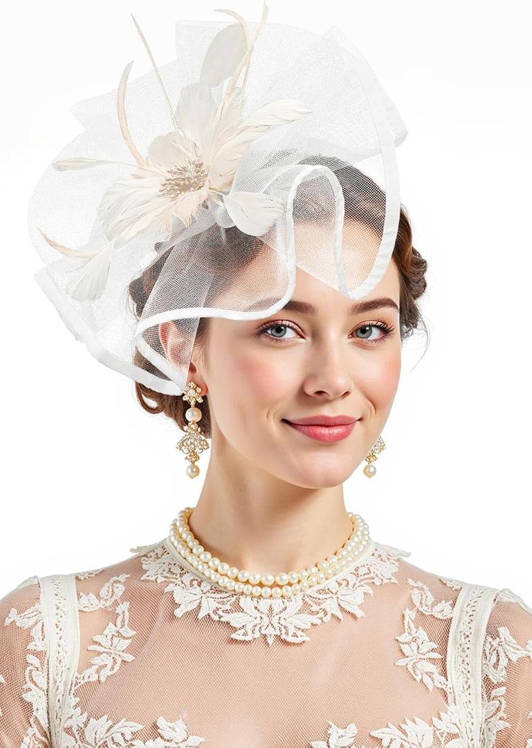 Zando 2026 Kentucky Feather Mesh Fascinators Derby Hats for Women Girls with Clip and Headband Tea Party Wedding Cocktail Hat (One Size, White)