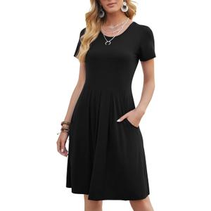 DouBCQ Women's Casual Flowy Pleated Loose Dresses with Pockets (Black, XL)