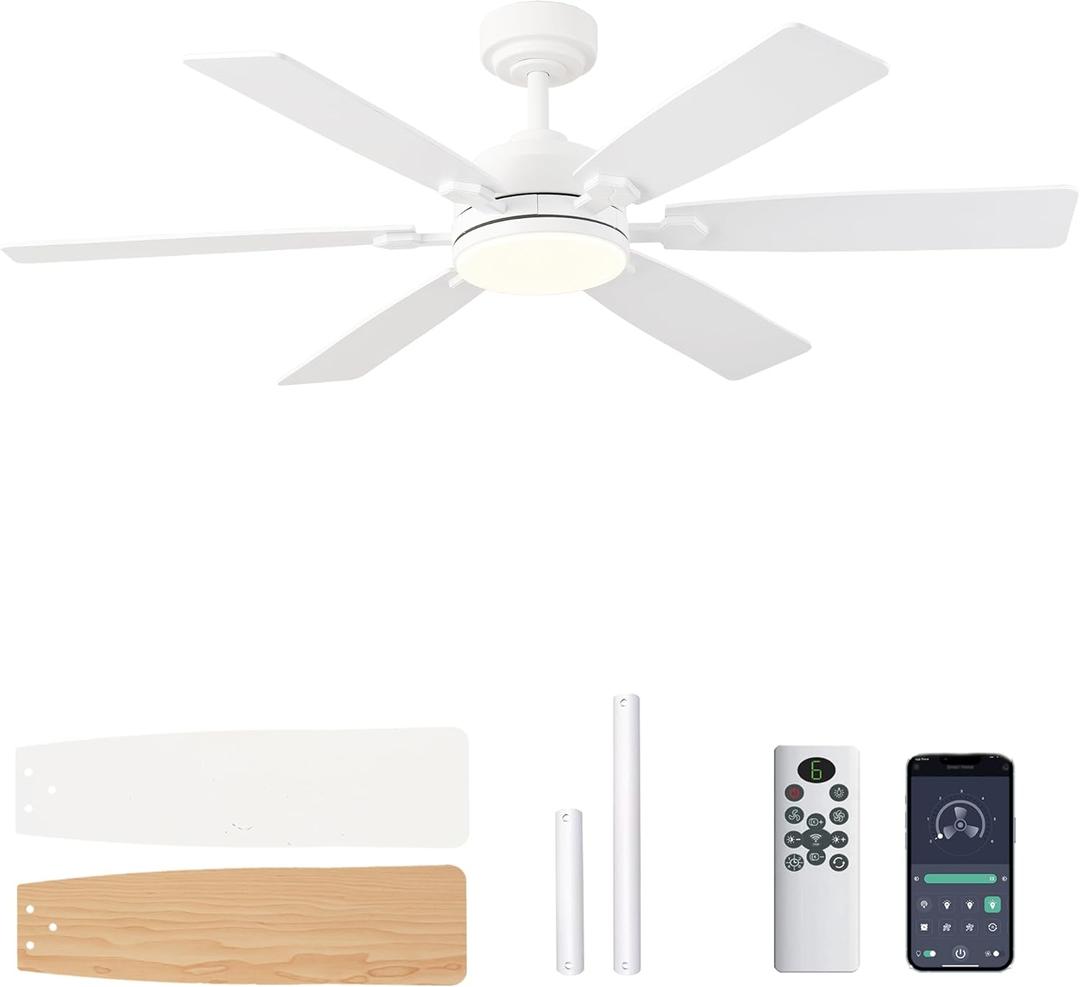 Ceiling Fans with Lights, 52 Inch Ceiling Fan with Light and Remote Control, Downrod Mount, Reversible, 3CCT, Dimmable, Noiseless, White Ceiling Fan for Bedroom, Livingroom Indoor/Outdoor Use