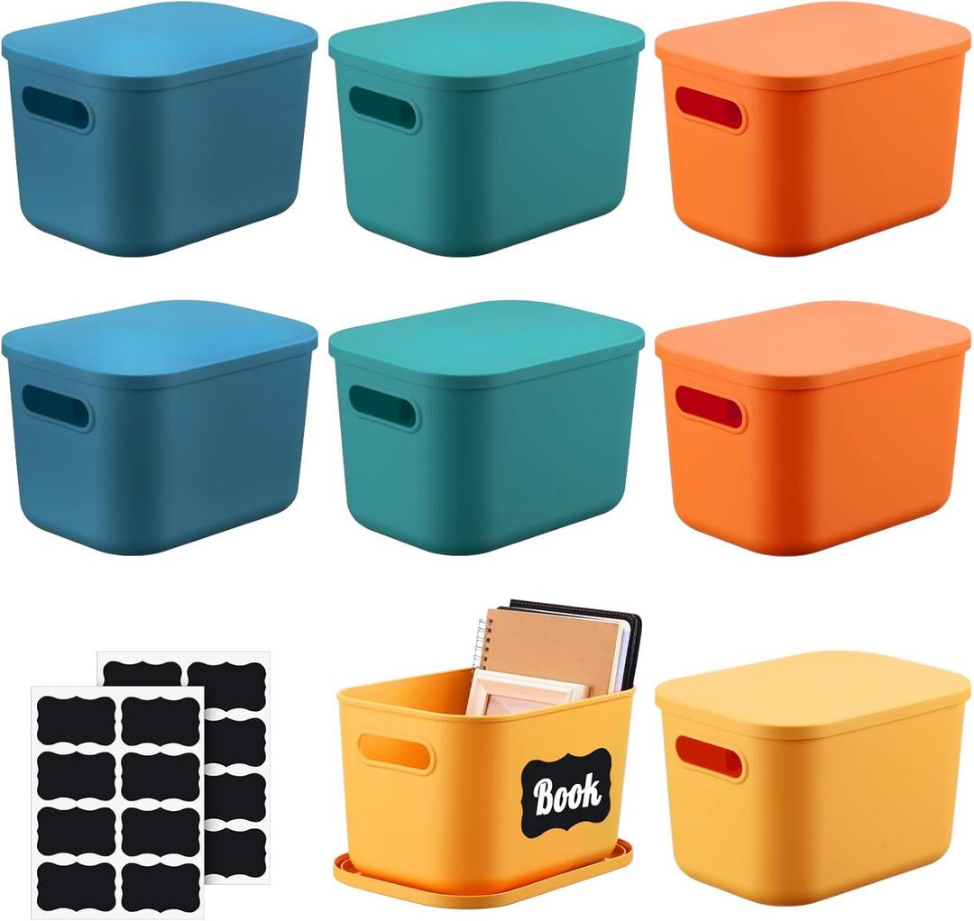 Tanlade 8 Pcs Plastic Storage Bins Stackable Baskets with Lid and Handle Colorful Desktop Storage Box Cubby Containers for Shelf Bedroom Office, Include 1 Erasable Marker, 16 Stickers (10 x 7 x 6 In)
