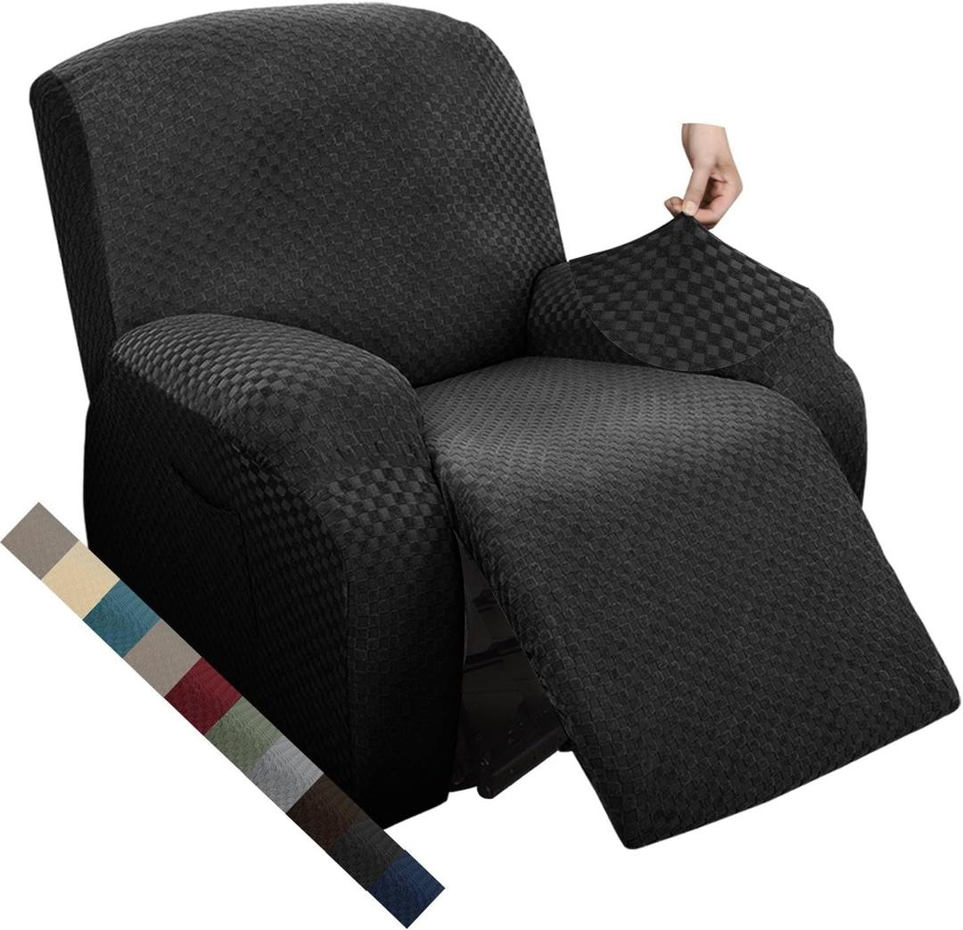 MAXIJIN Oversized Recliner Covers That Stay in Place 4 Pieces Stretch Large Recliner Chair Covers Jacquard Dogs Cats Proof Reclining Slipcovers with Elastic Bottom (XL Recliner, Black)