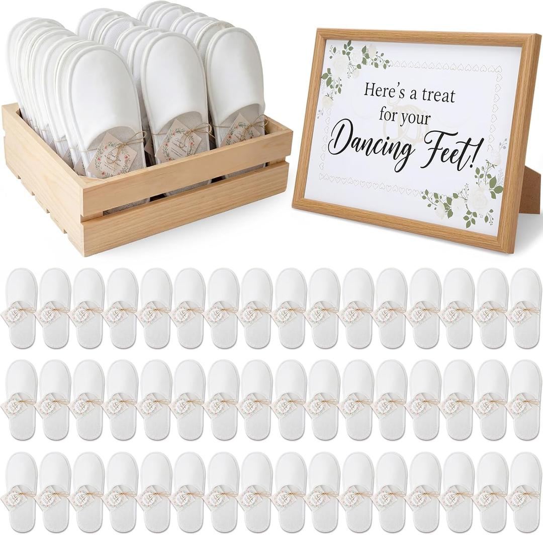 Shihanee 120 Pairs Wedding Disposable Slippers Bulk Non Slip Slippers for Wedding Guests Men Women with Sign Cards Rope for Dance Pool Beach Party Favors (White)