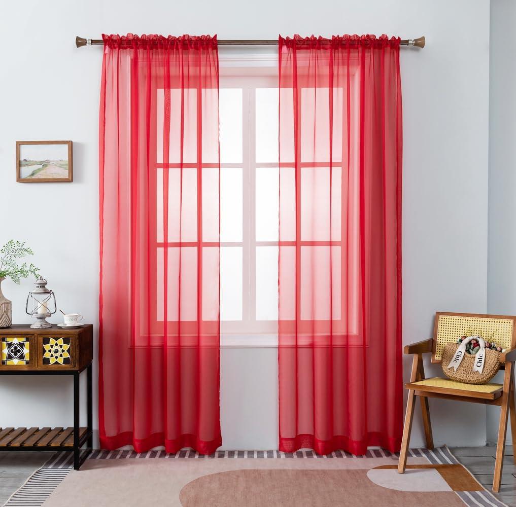 WPM Red Sheer Curtains 58" Wide x 84" Long 2 Panels Livingroom Window Treatment Rod Pocket Sheer Voile for Bedroom, Kitchen, Living Children Room Fully Stitched and Hemmed