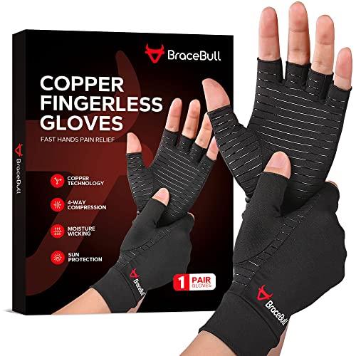 BraceBull Arthritis Gloves (1 Pair), Copper Infused Fingerless Compression Gloves for Relieve Muscle Pain, Carpal Tunnel, RSI, Rheumatoid, Tendonitis for Hands Pain for Women & Men (M, Black)