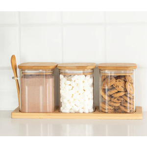 Glass Containers with Bamboo Lids Set, 2 Pack 15oz Square Jars