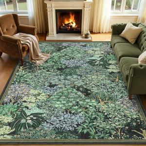 GarveeHome Forest Rugs 8x10, Blue Green Washable 8x10 Area Rug for Living Room, Botanical Low Pile Non Slip Stain Resistance Large Carpet for Office Dining Room, Farmhouse