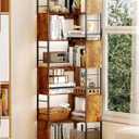 Baoz 7-Tier Corner Shelf- L Shape Corner Bookshelf with Storage- Wood Metal Bookcase Open Floor Stand Shelf Tall Decorative Display Storage Organizer in Living Room/Bedroom/Home/Office (Rustic Brown)