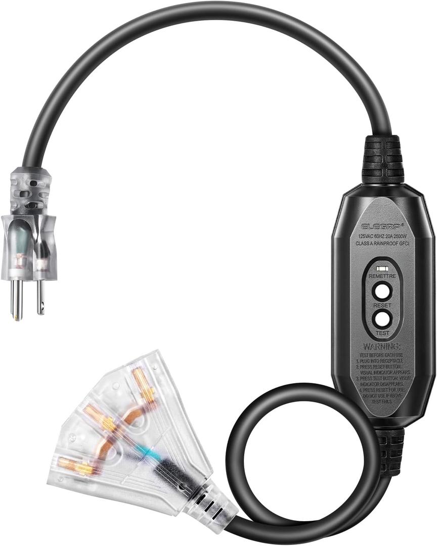 DEWENWILS 3 FT Automatic GFCI Extension Cord Outdoor, 12/3 Gauge Extension Cord for Multiple Appliances, Heavy Duty Power Cable with LED Lighted 3 Prong Plug, Black, UL Listed