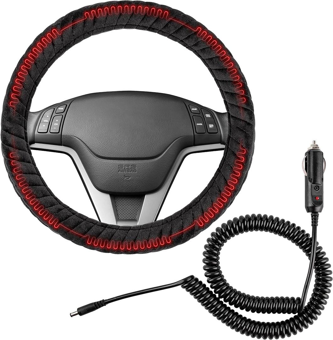 Zento Heated Steering Wheel Cover Upgraded Heated Auto Hand Warmer Steering Wheel Cover for Winter - Comfortable Premium Quality Universal Fit 11-12 inches - 12V Plug-in Hand Warmer