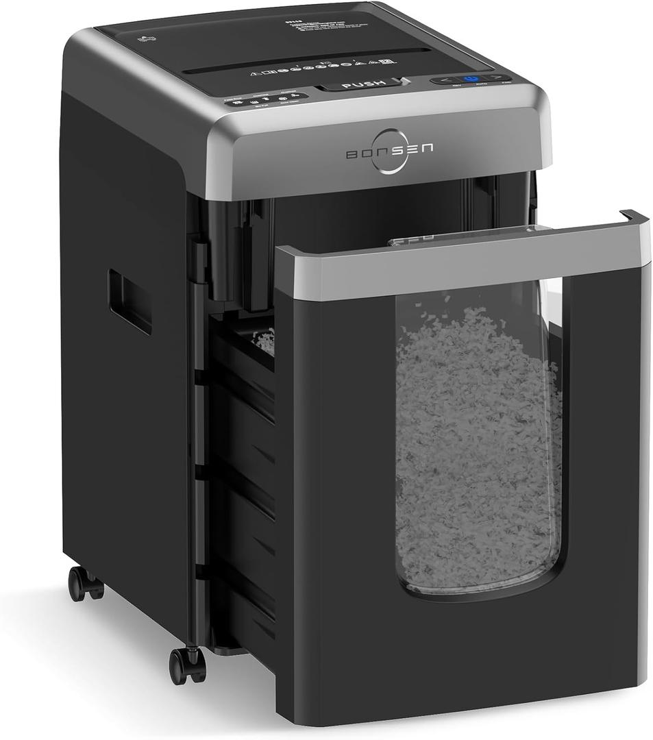 BONSEN 300-Sheet Auto Feed Micro-Cut 2-in-1 Paper Shredder for Office, 60-Mins Heavy Duty Shredder, P-4 High Security, 58dB Super Quiet, 8.1-Gal Pullout Bin, Casters, Black&Sliver (New Version)