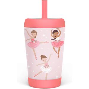 Kid Insulated Stainless Steel Tumbler with Silicone Straw, 12oz Sippy Cup for Kids (Pink Ballerina) (Ballet)