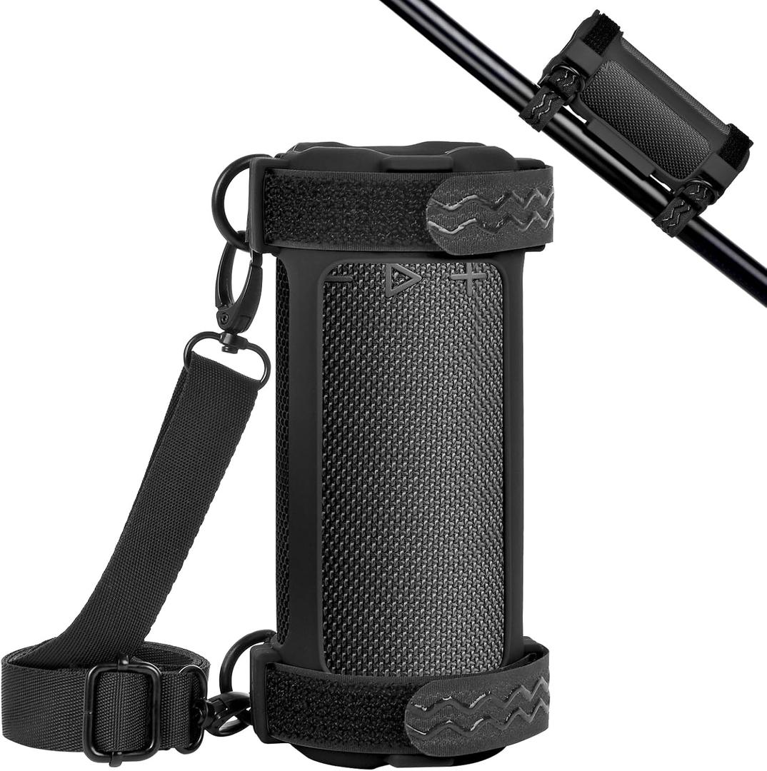 Silicone Cover for JBL Grip Compact Bluetooth Speaker, Portable Carrying Case with Adjustable Detachable Shoulder Strap for Bicycle - Black