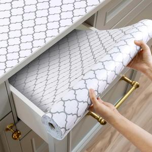 Shelf and Drawer Liner for Kitchen Cabinets Non-Adhesive, Strong Grip Non-Slip Thickened Cabinet Liners for Shelves, Waterproof Mats for Dresser Cupboard, White/Gray, 23 in x 10 Feet