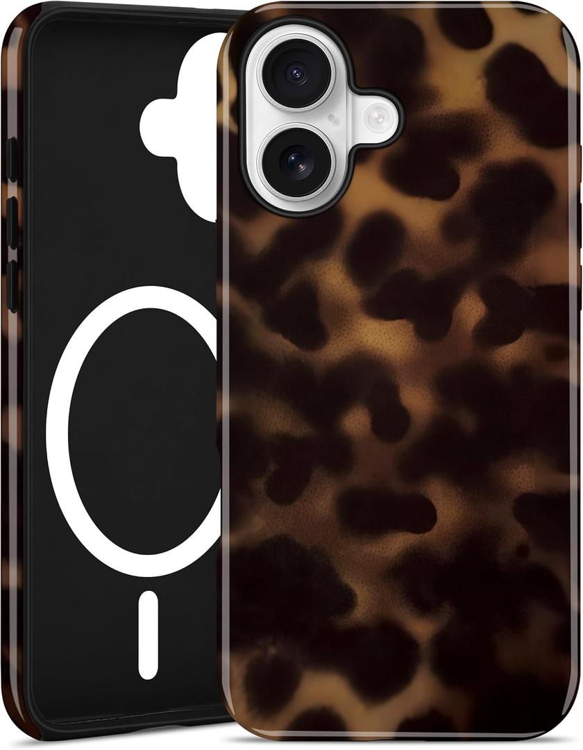 Jusy Compatible with MagSafe Brown Tortoise Shell Print Case for iPhone 17, Amber Trendy Luxury Magnetic Soft TPU and Hard PC Protective Phone Cover for Women Girls - Tortoise Shell