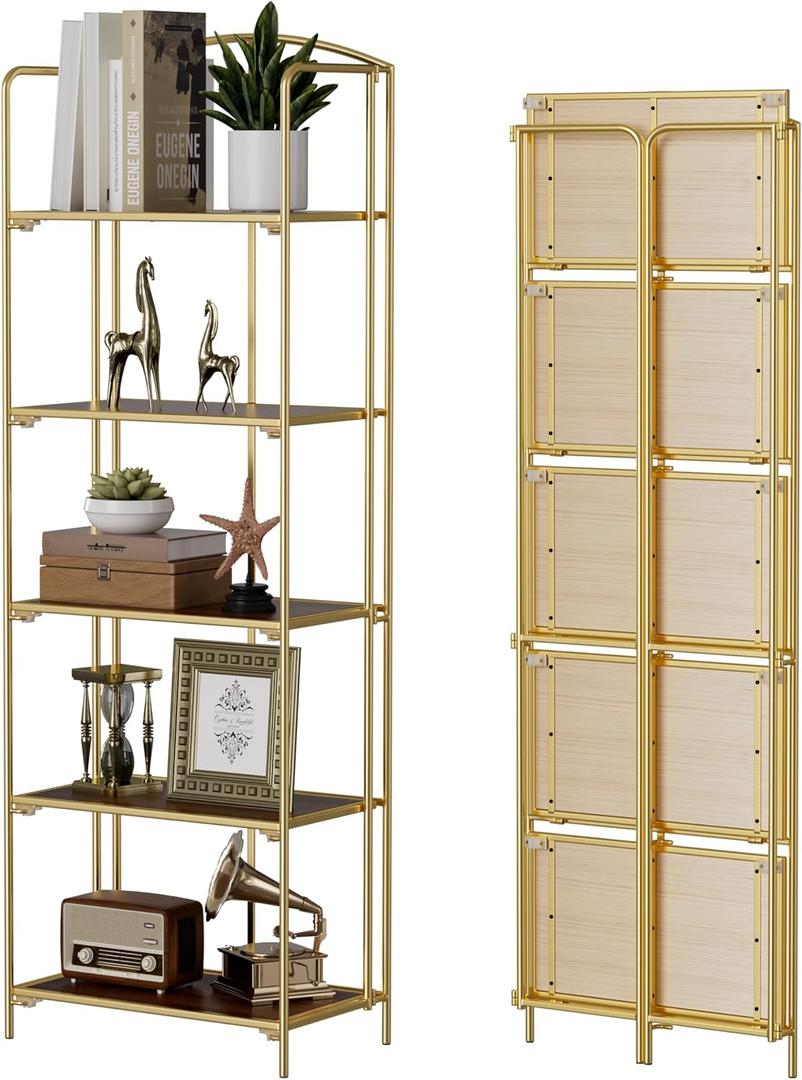 5-Tier Foldable Bookshelf, Gold Frame & Walnut Shelves