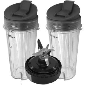 2pcs Replacement 16oz cup with lid and 1pcs extractor blade,Compatible with Ninja Kitchen System Pulse Blender BL200 30/ BL201 30/BL201C 30/BL203QBK 30 /BL203OCN 30/ BL203QB 30