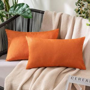 MIULEE Pack of 2 Decorative Outdoor Solid Waterproof Throw Pillow Covers Faux Linen Garden Farmhouse Cushion Cases for Summer Patio Tent Balcony Couch Sofa 20x12 Inch Orange