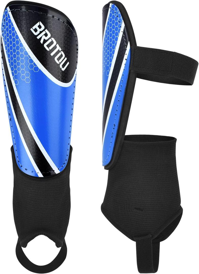 BROTOU Shin Guards Soccer Youth, Soccer Shin Guards for Kids 3-15, Light Weight Adjustable Straps Shin Pads Protection Equipment with Ankle and Leg Calf Protection (Blue, L)
