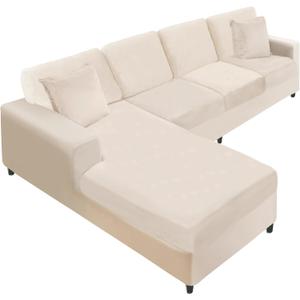 NAISI Sectional Couch Covers 8 Pieces Velvet Couch Cushion Covers L Shape Soft Stretch Sofa Slipcovers with 2pcs Pillowcases for Left/Right Chaise Sectional Couch(3 Seater+1 Chaise+4 Back,Beige)