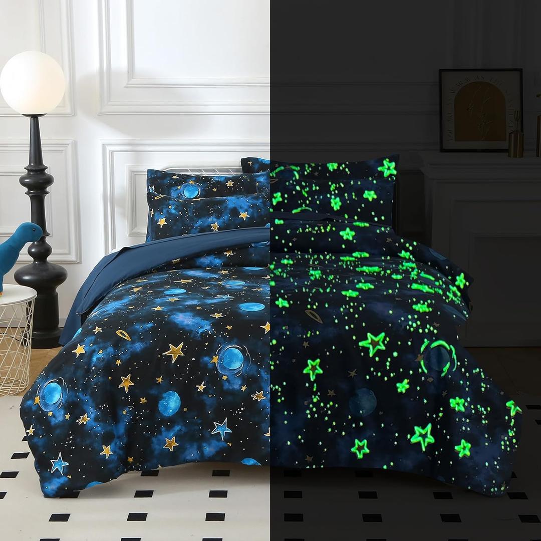 Glow in The Dark Kids Comforter Set, 5 Pieces Blue Space Bedding Set Twin Size for Boys Girls Teen, 1 Comforter, 1 Pillowcase, 1 Pillow Sham, 1 Flat Sheet, 1 Fitted Sheet