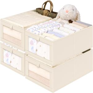 Criusia Closet Organizers and Storage, 4 Pack Linen Closet Baskets with Mesh Window for Organization, Foldable Closet Organizer for Clothing, Towels, Toys, Nursery, Books, Shelves, Beige
