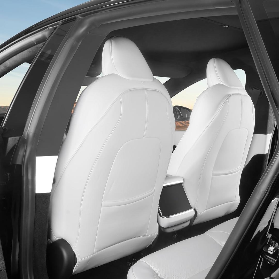 BASENOR 2026 Tesla Model Y(Juniper)/3/S/X Leather Seat Back Kick Protector, Backseat Mats for Kids (Extra Organizer Pocket) Waterproof Scratchproof Resistant Protection White (Set of 2)