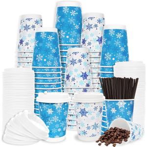 60 Pcs Snowflake Paper Cups 12oz Disposable Extra Thick Beverage Christmas Coffee To Go Cup with Leak Proof Lids Stirrers Insulated Disposable for Hot & Cold Liquids Wonderland Winter Party