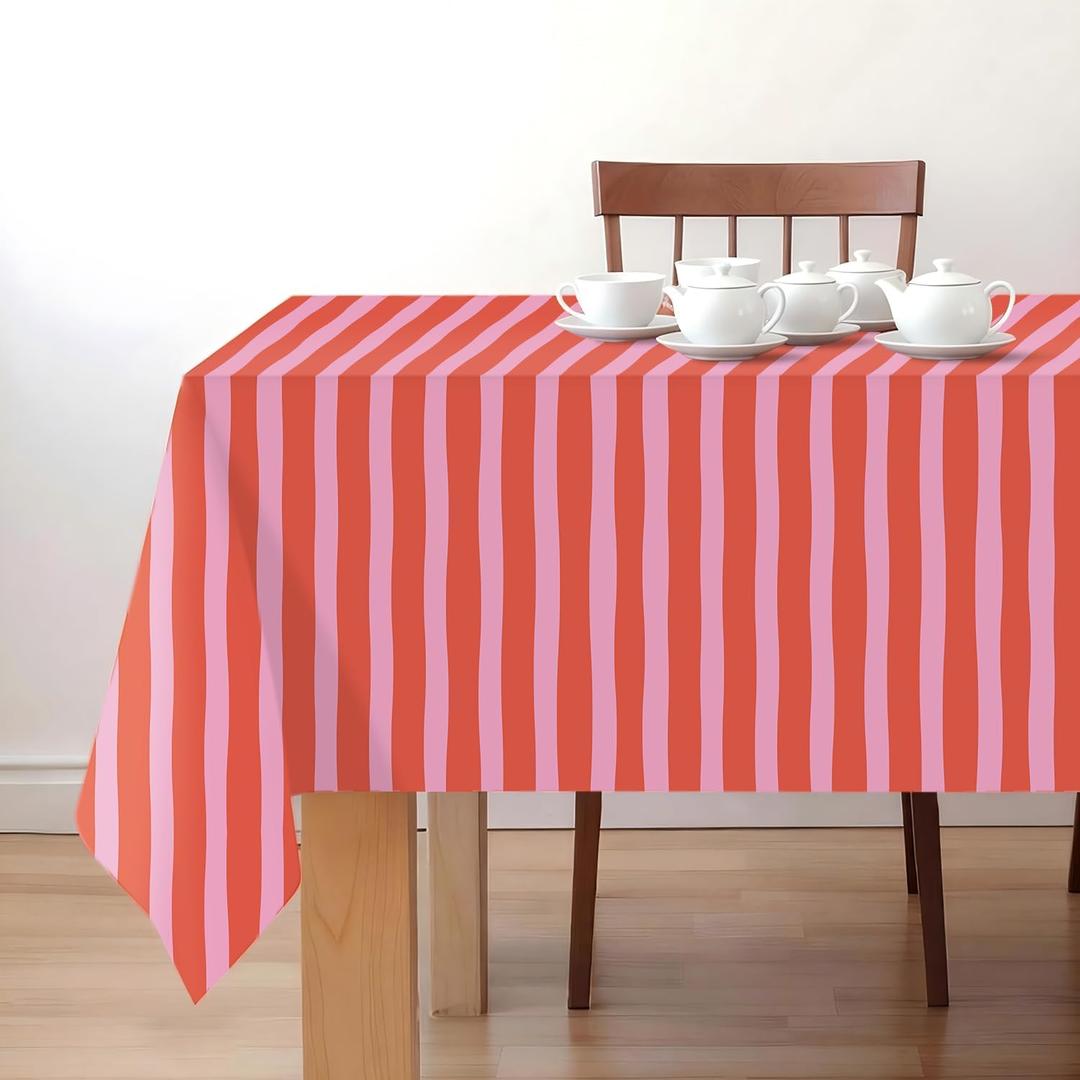 3 Pieces Pink and Red Striped Tablecloth Waterproof Plastic Stripe Tablecloth Rectangle Table Cover for Home Kitchen Party Picnic Table Decoration, 54" x 108"