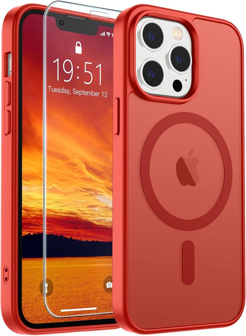 SUPFINE Magnetic for iPhone 12 Pro Max Case (Compatible with MagSafe) (Military Grade Drop Protection) Slim Translucent Matte Shockproof with Anti-Fingerprint Phone Case,Red