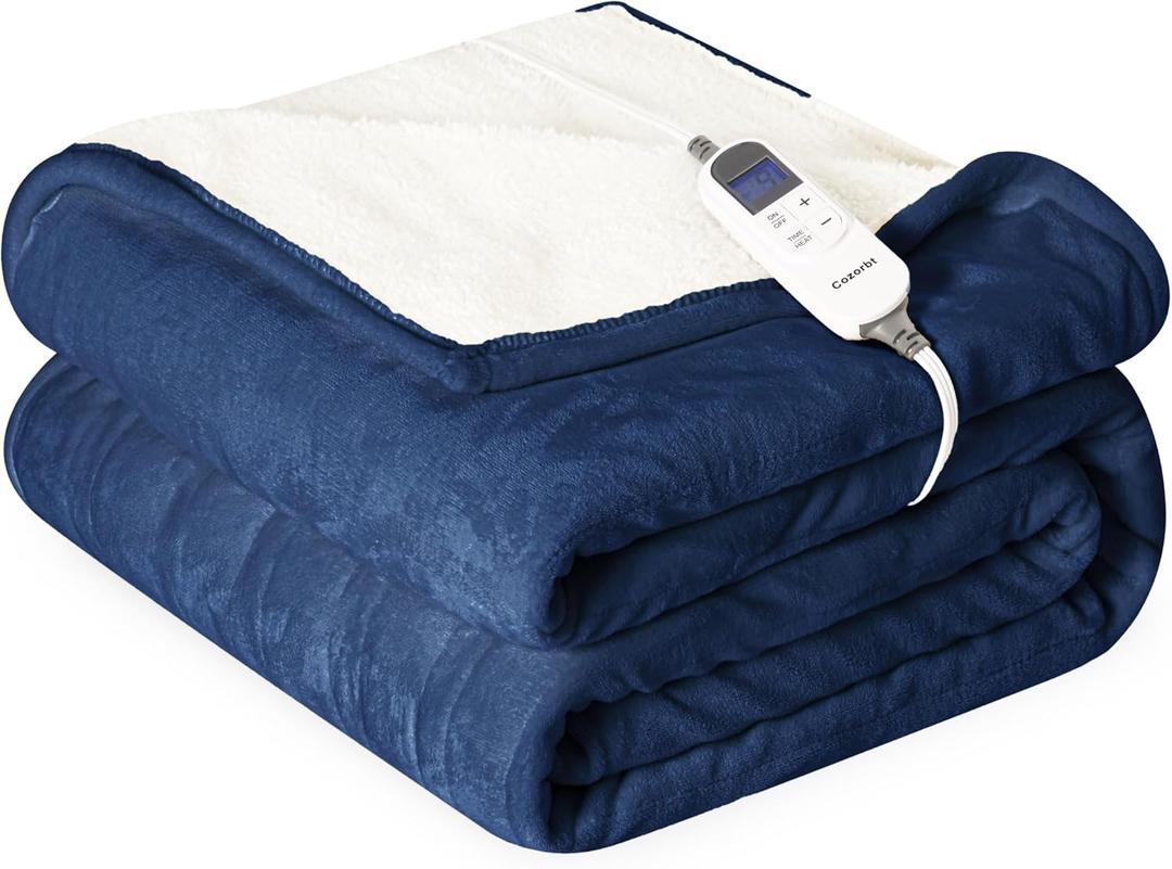 Heat Blanket 72x84 Full Size,Soft Flannel & Sherpa Reversible Electric Blanket with 10 Heat Settings,12 Timer Setting and 8 Hours Auto-Shut Off,ETL Certified Machine Washable,Dark Blue