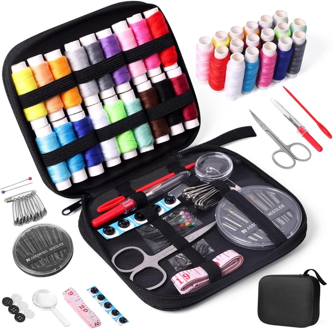JUNING Sewing Kit with Case Portable Sewing Supplies for Home Traveler, Adults, Beginner, Emergency, Contains Thread, Scissors, Needles,Measuring Tape (M-18 Threads-Black)